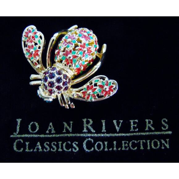Joan Rivers Christmas Flower POINSETTIA BEE PIN Brooch Crystal Ruby Rhinestones - Picture 2 of 5